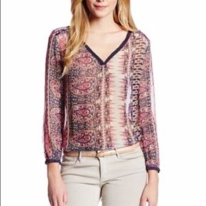 Lucky brand brown navy color v neck long sleeve sheer blouse size small